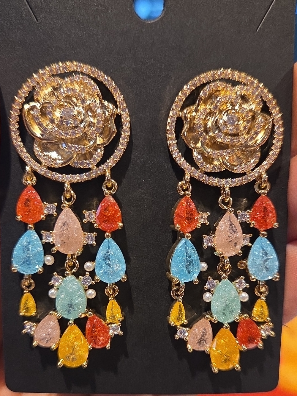 Multicolor Teardrop Floral Chandelier Earrings - Gold Tone